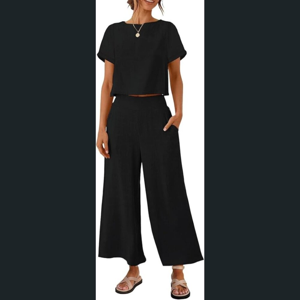 Two-piece Linen Short Sleeve Crop Top and Wide Leg Pants Lounge Set